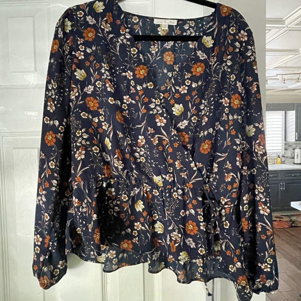 Nine Britton Floral Wrap Blouse - Navy and Orange